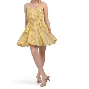 NWT IDEM DITTO Tie Waist Gingham Mini Cotton Blen Dress in Yellow/Purple | S